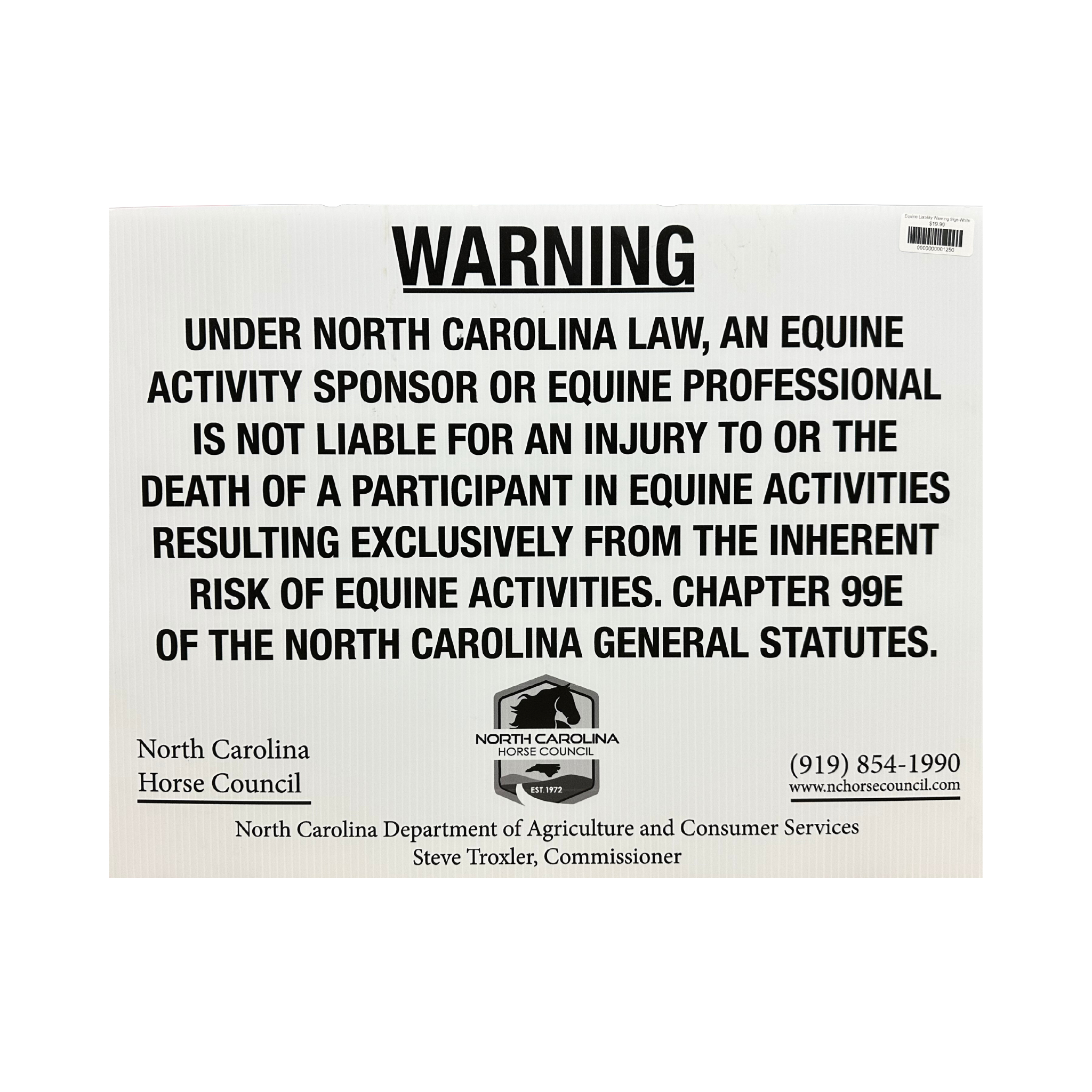 North Carolina Equine Liability Warning Sign